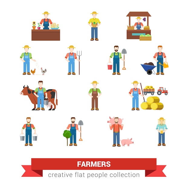 Flat style set of farm profession worker people Farmer agriculturist market seller chicken pig breeder harvester milkmaid beekeeper milker Creative people collection