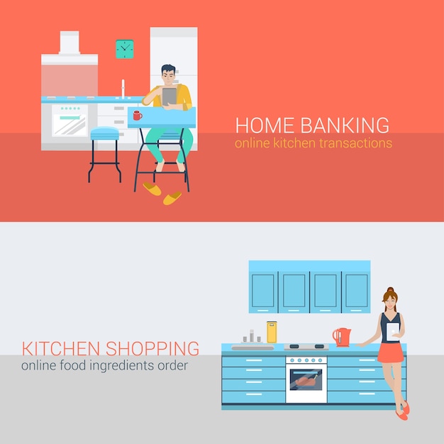 Free Vector flat style set people sofa leisure kitchen relax online activity. sitting man laptop online banking. young woman stove tablet meal ingredient order. creative people collection.