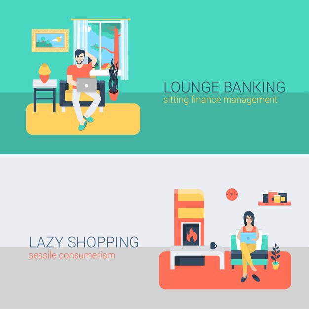 Flat style set people sofa leisure relax online activity. Sitting man laptop online banking finance management. Young woman fireplace laptop shopping sessile consumerism. Creative people collection.