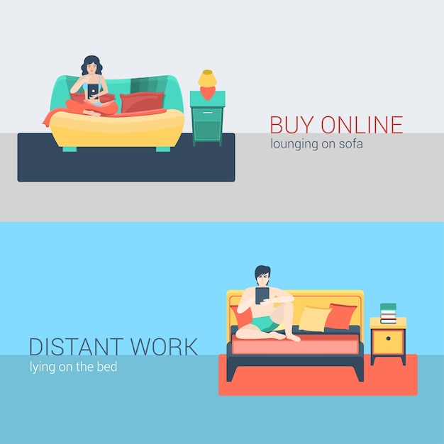 Flat style set people sofa leisure relax online activity. Sitting man tablet online  surfing distant bedroom work. Young woman internet shopping living room. Creative people collection.