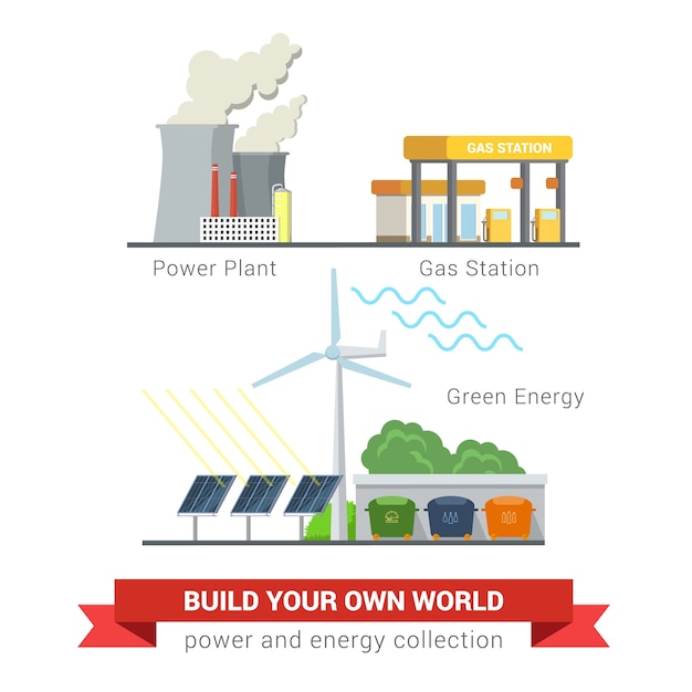 Free vector flat style set of power eco friendly green energy concept icons. power plant chimney smoky smog gas refill station sun battery wind mill separate waste collection. creative energetics collection.