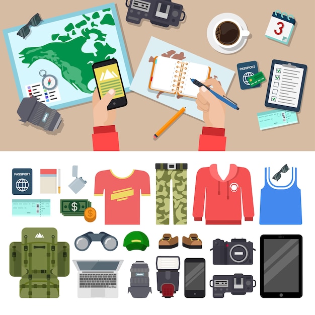 Free Vector flat style travel blog icon set top view table camera lens notes tablet smart phone clothes speedlight laptop backpack binocular money passport ticket lighter cigarette holiday vacation concept