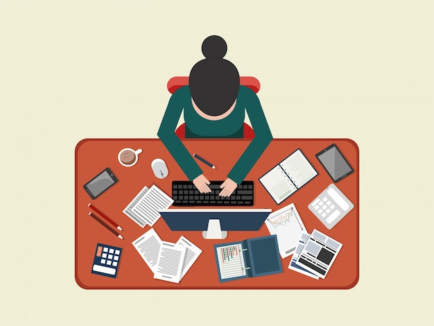 Free Vector  flat style workplace design with illustration of businesswoman working on laptop