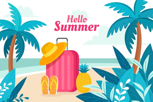 Flat summer background with luggage and vegetation