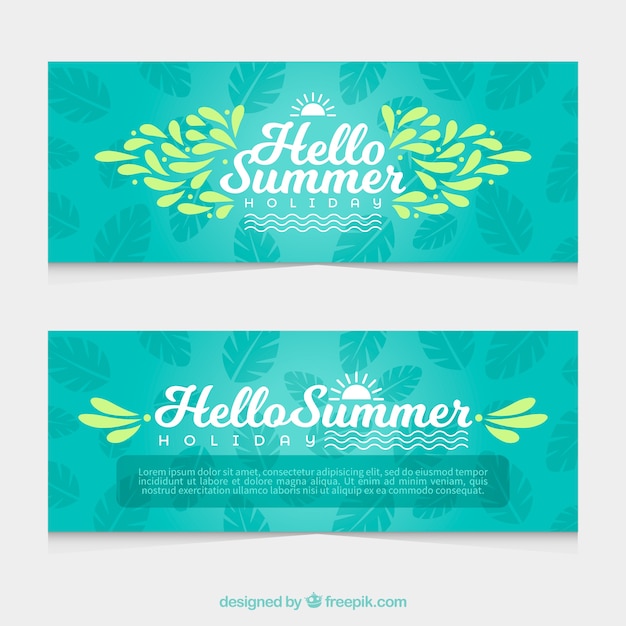 Flat summer banners with palm leaves