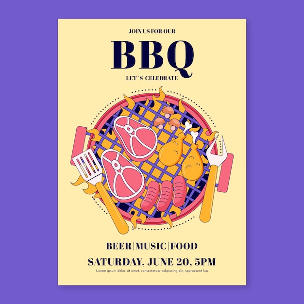 Free Vector flat summer barbecue invitation template with grill and food