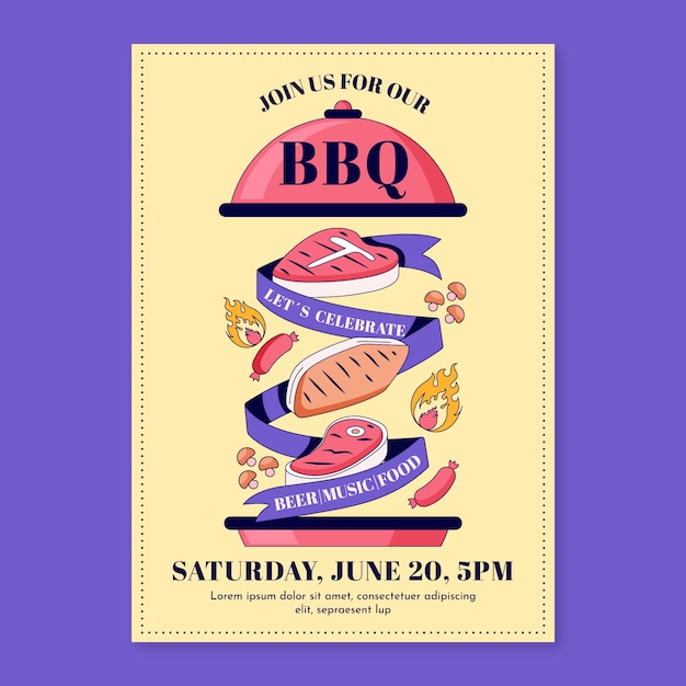 Flat summer barbecue invitation template with grill and food