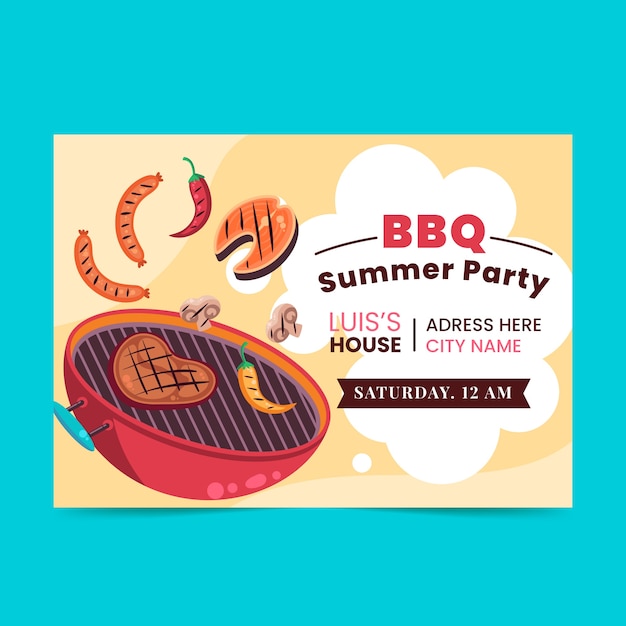 Free Vector flat summer barbecue invitation template with grill and food