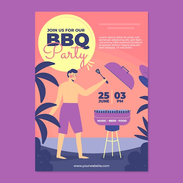 Free Vector flat summer barbecue invitation template with shirtless man and grill