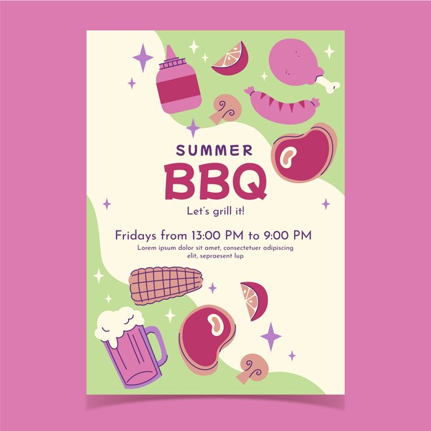 Flat summer barbecue poster template with food