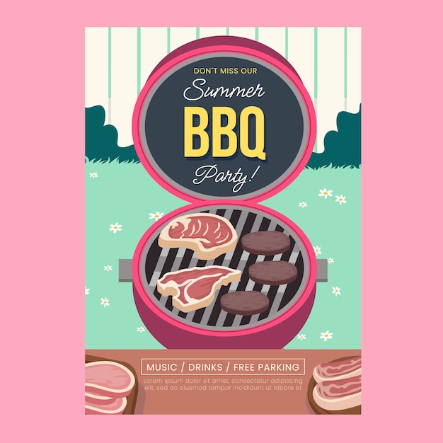 Free Vector flat summer barbecue poster template with grill and food