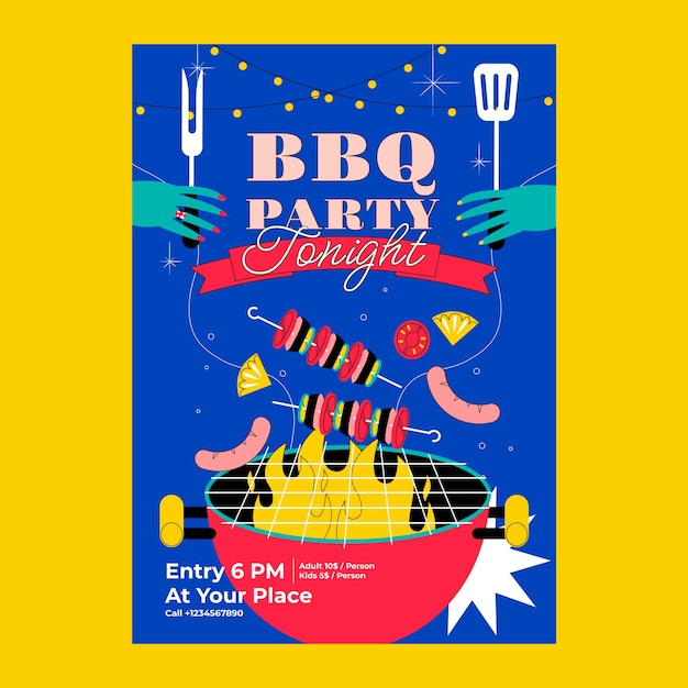 Flat summer barbecue poster template with grill and food