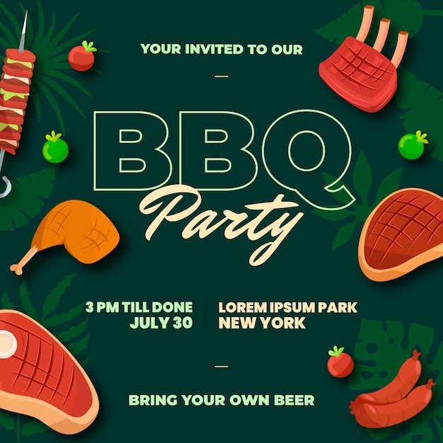 Flat summer bbq invitation template with meats