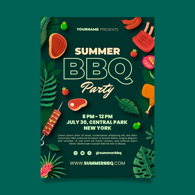 Flat summer bbq poster template with food and leaves