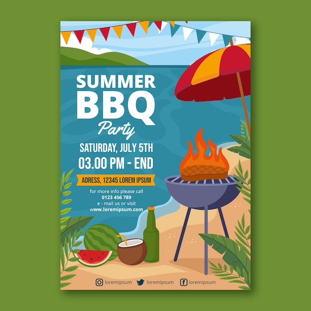 Flat summer bbq poster template with grill and umbrella