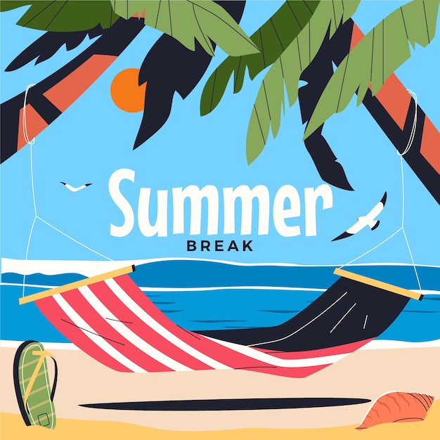 Free Vector flat summer break illustration with hammock at the beach and palm trees