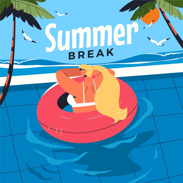 Flat summer break illustration with woman at the pool