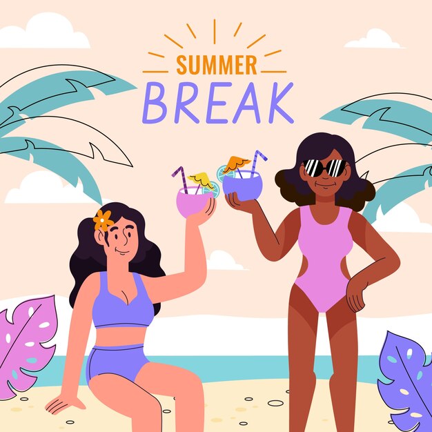 Flat summer break illustration with women holding cocktails at the beach