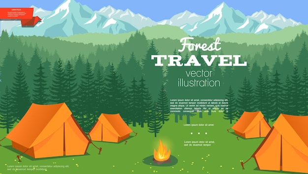 Flat summer camping template with tents and campfire on forest and mountains landscape illustration