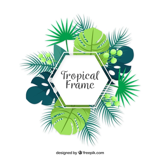 Flat summer frame with tropical leaves