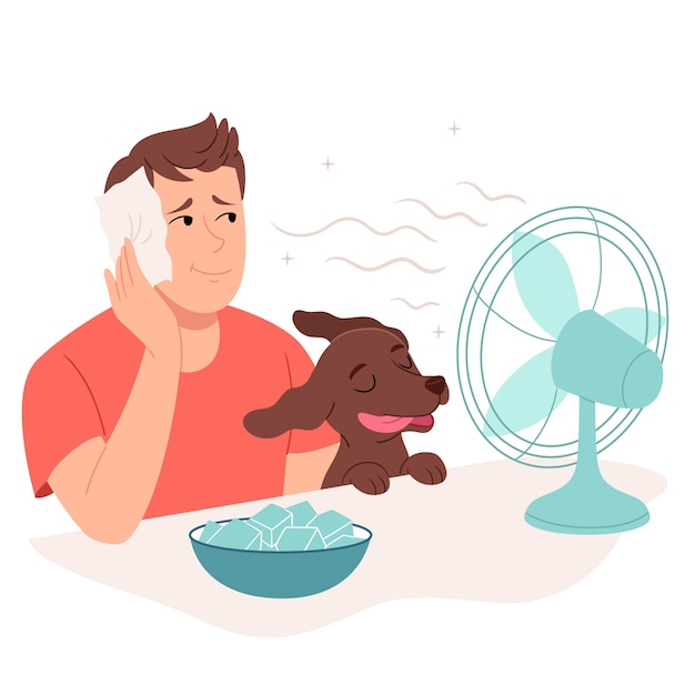 Flat summer heat illustration with man and dog in front of fan with ice cubes