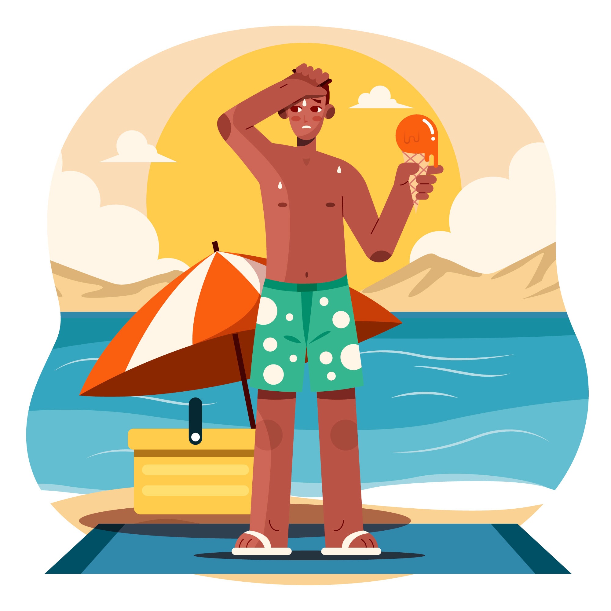 Flat summer heat illustration with man holding ice cream on beach