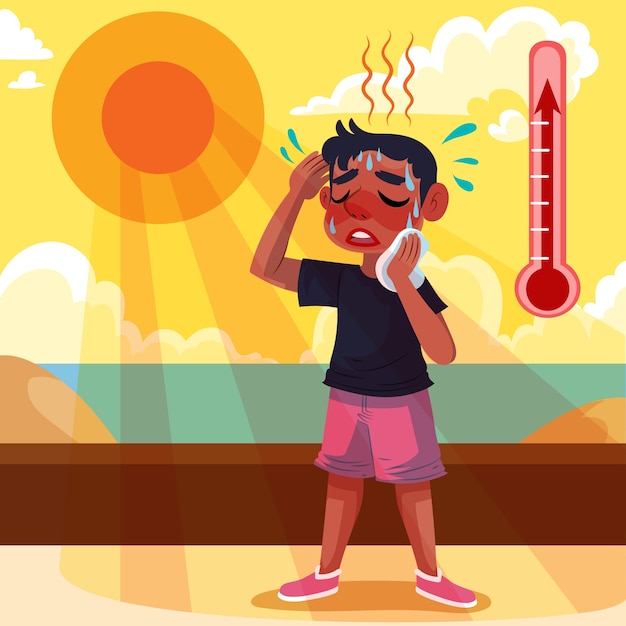 Flat summer heat illustration with man sweating under the sun