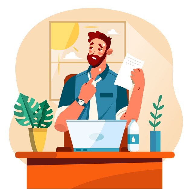 Flat summer heat illustration with man working in the office