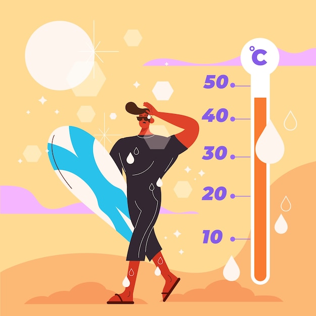 Free vector flat summer heat illustration with surfer and thermometer