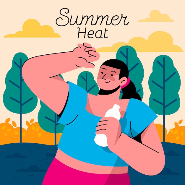 Free vector flat summer heat illustration with woman drinking water from bottle