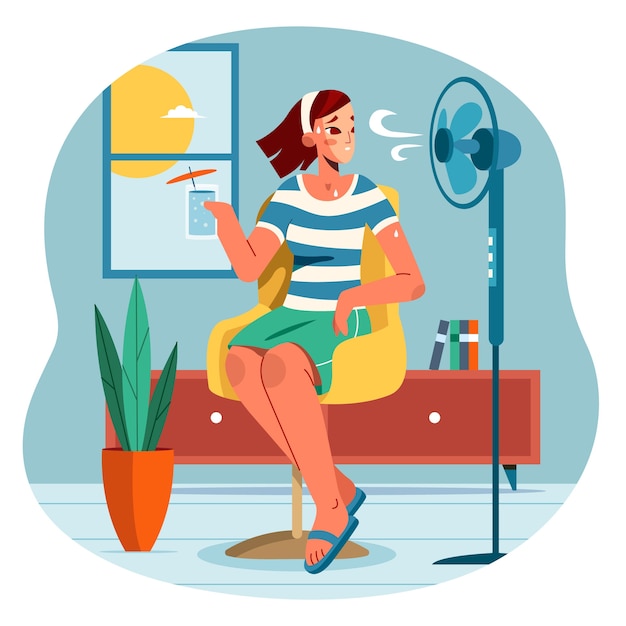 Flat summer heat illustration with woman and fan