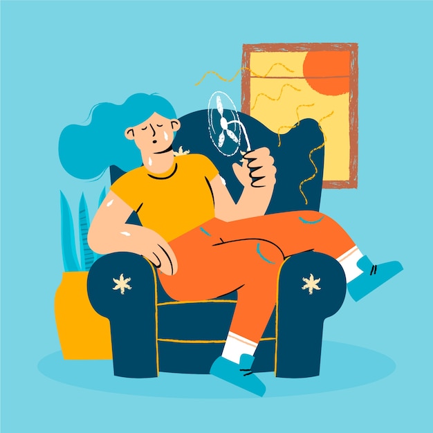 Flat summer heat illustration with woman holding fan while sitting on chair