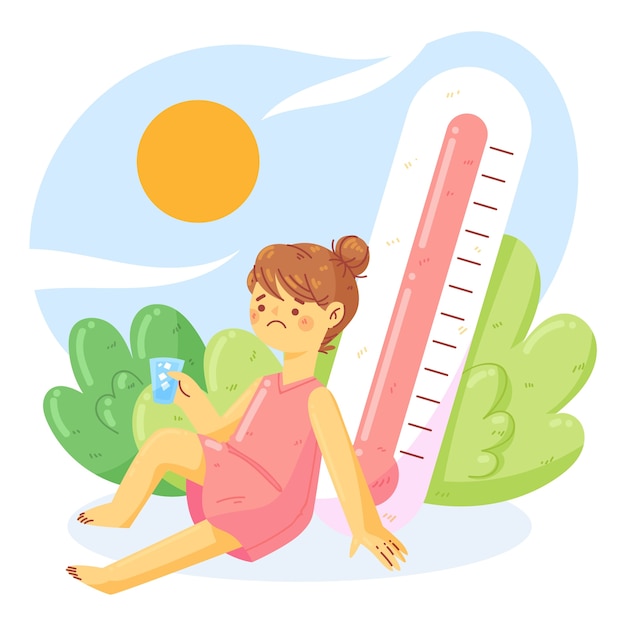 Flat summer heat illustration with woman holding glass of water and thermometer