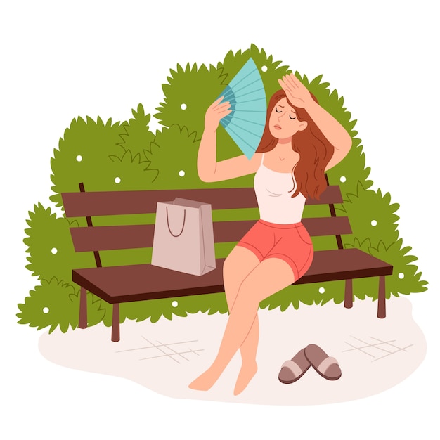 Free Vector flat summer heat illustration with woman holding hand fan barefoot on the bench