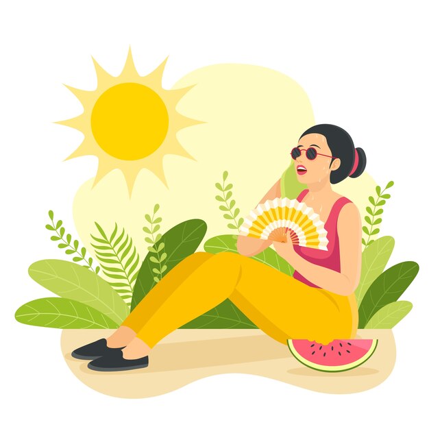 Flat summer heat illustration with woman holding hand fan in the sun