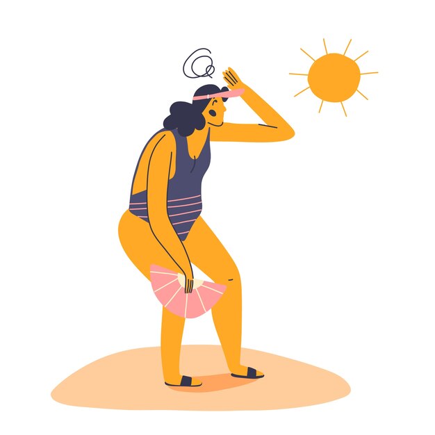 Flat summer heat illustration with woman holding hand fan in the sun