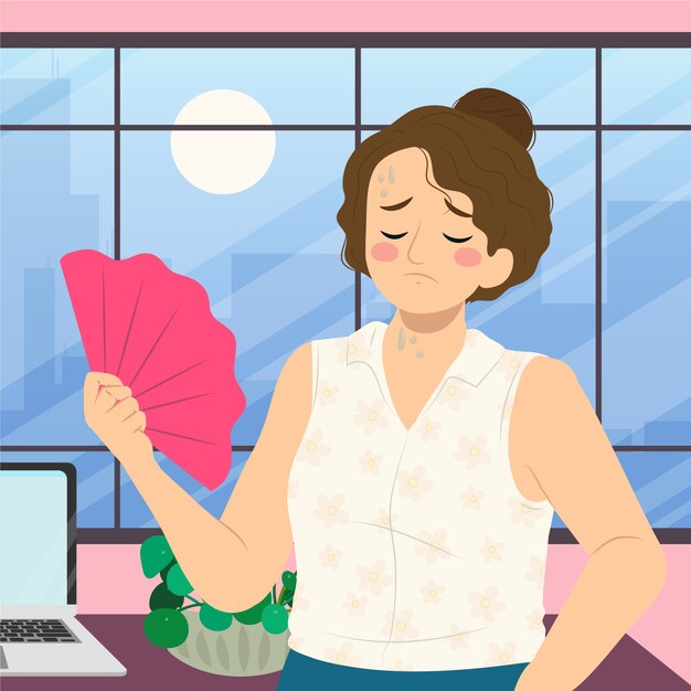 Flat summer heat illustration with woman holding hand fan