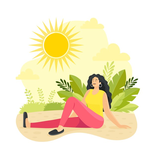 Flat summer heat illustration with woman standing in the sun