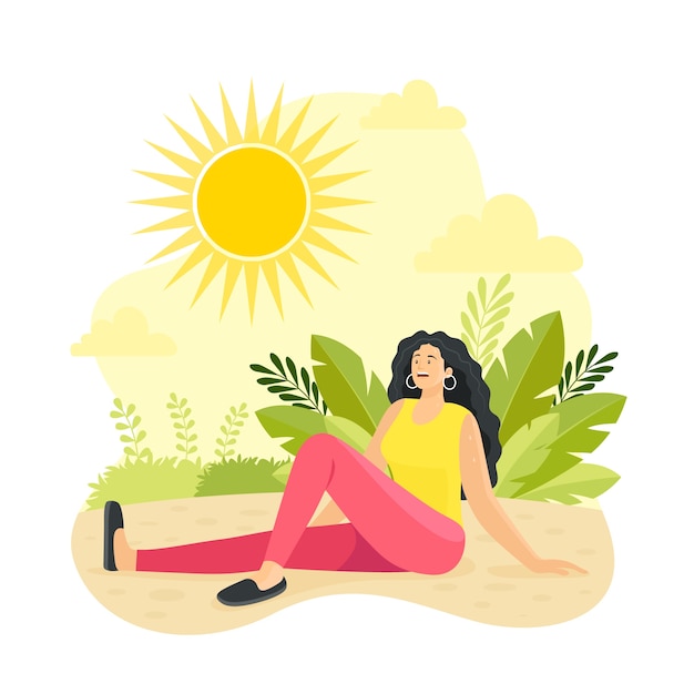 Flat summer heat illustration with woman standing in the sun