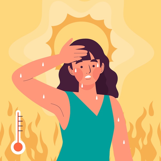 Flat summer heat illustration with woman and thermometer