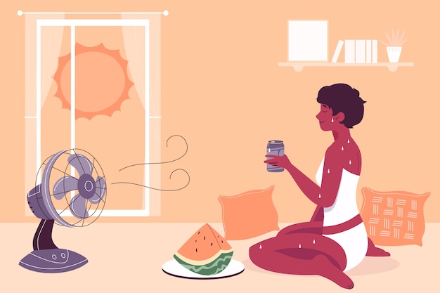 Flat summer heat illustration with woman and watermelon in front of fan