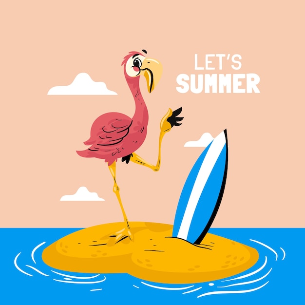 Free vector flat summer illustration with flamingo on island and surfboard