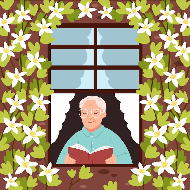 Free Vector flat summer illustration with older woman reading book in house