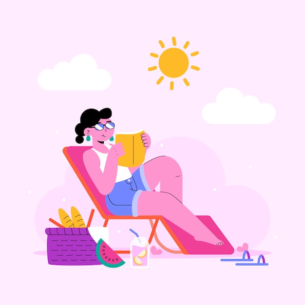 Free Vector flat summer illustration with woman reading book on a beach chair