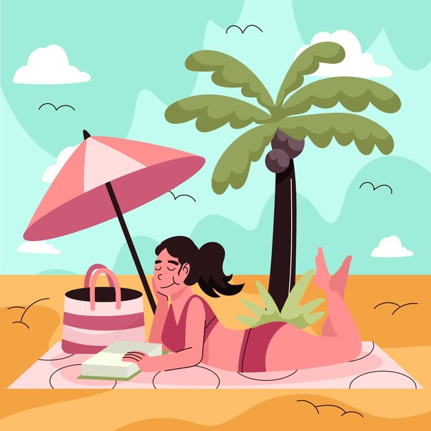 Flat summer illustration with woman reading book at the beach