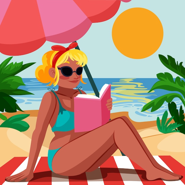 Flat summer illustration with woman reading book at the beach