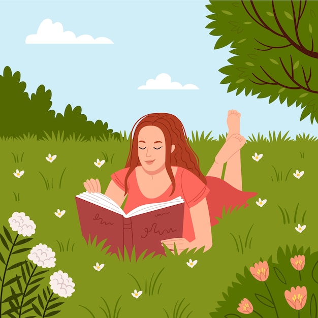 Free vector flat summer illustration with woman reading book on the grass in nature