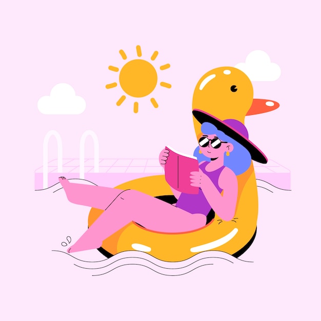 Flat summer illustration with woman reading book on inflatable duck