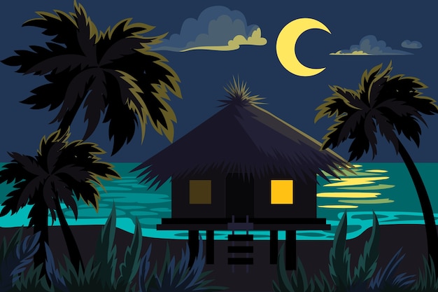 Free Vector flat summer night illustration with beach house