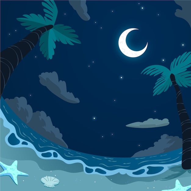 Flat summer night illustration with beach view and moon